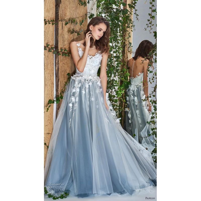 wedding, Papilio 2018 Blue Sweet Ball Gown Illusion Sleeveless Chapel Train Covered Button Flowers T