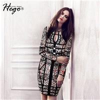 Sexy Vintage Printed Hollow Out Slimming Scoop Neck Long Sleeves Fall Dress - Bonny YZOZO Boutique S