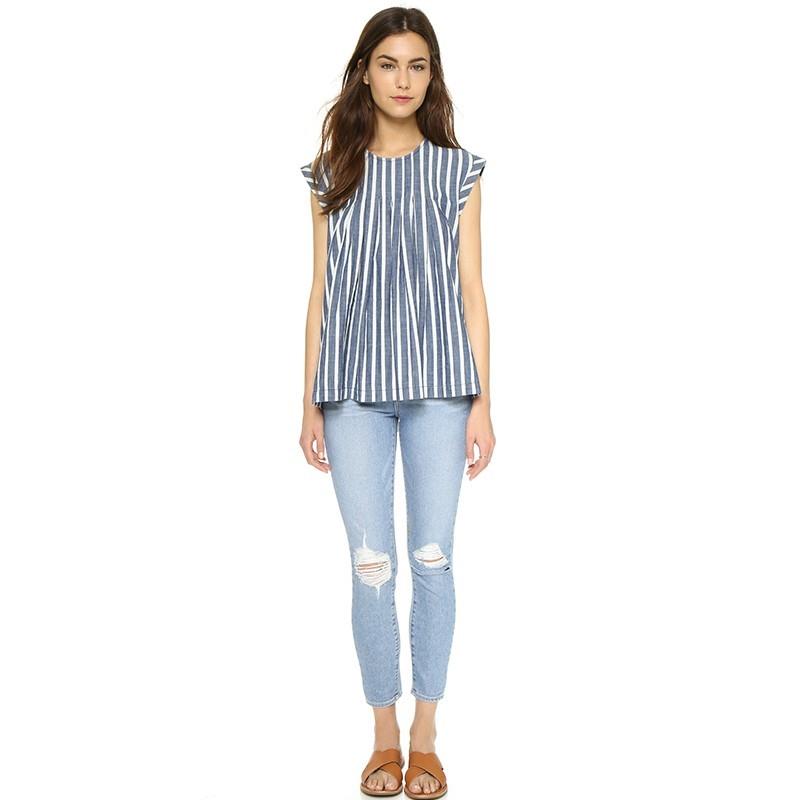 My Stuff, Oversized Scoop Neck White Blue Casual Stripped T-shirt Top - Bonny YZOZO Boutique Store