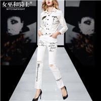 2017 new prints for fall/winter white stretch denim clothes ripped jeans pants casual suit women - B