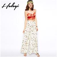 Oversized Vogue Simple Printed High Waisted Chiffon Floral Vegetation Fall Casual Wide Leg Pant - Bo
