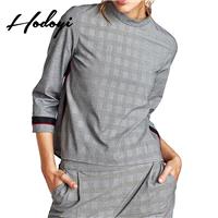Vogue Vintage Solid Color 3/4 Sleeves High Low Zipper Up Accessories Lattice Fall T-shirt - Bonny YZ