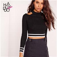 2017 winter women's wear new fashion small strapless high neck close-fitting short sleeved sweater -
