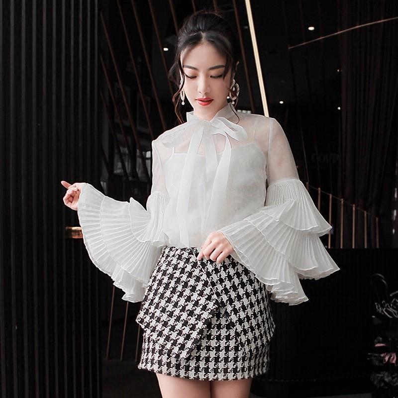 My Stuff, Attractive Pleated Bow Slimming Flare Sleeves Fine Lady Blouse Top - Bonny YZOZO Boutique