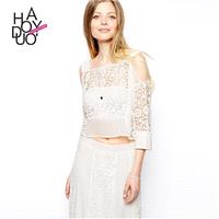 Vogue Split Front Hollow Out 3/4 Sleeves One Color Fall Lace Blouse - Bonny YZOZO Boutique Store