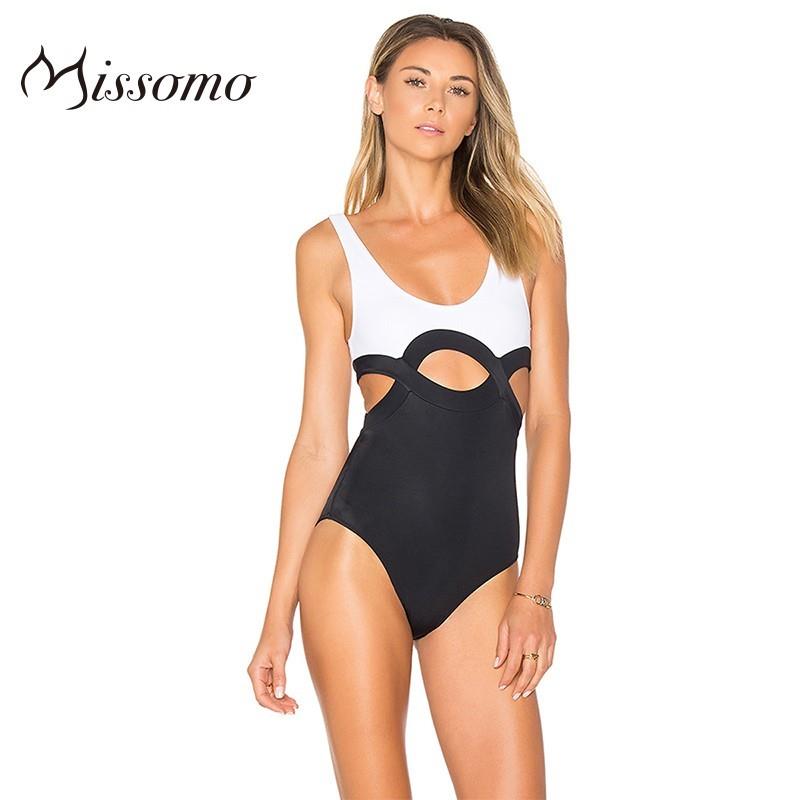 My Stuff, Vogue Sexy Open Back Split Front Solid Color Hollow Out Sleeveless Black & White Swimsuit