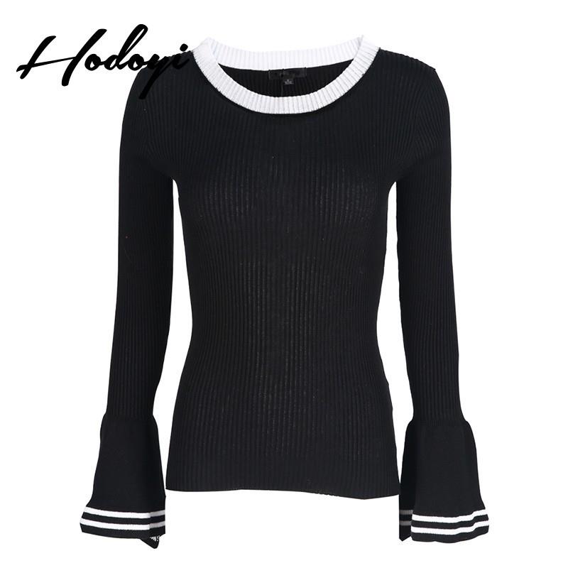 My Stuff, Must-have Vogue Simple Solid Color Slimming Flare Sleeves Scoop Neck Black & White Fall Sw
