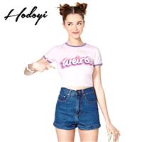 Student Style Printed Slimming High Waisted Alphabet Summer Cute Short Sleeves Crop Top T-shirt Top