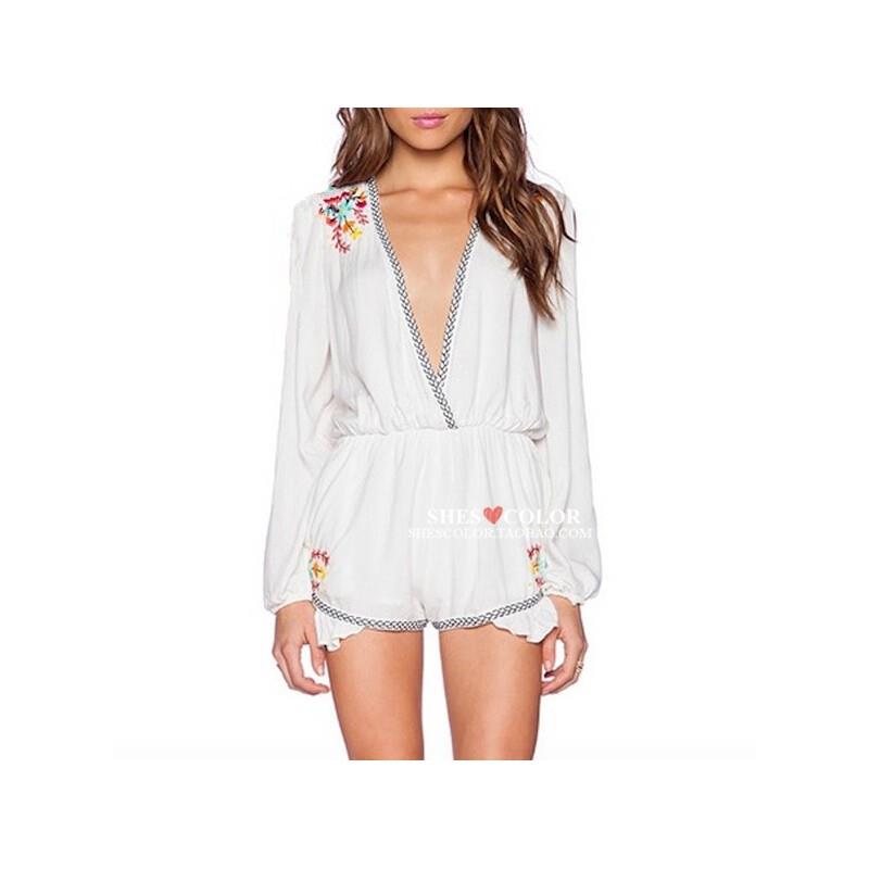 My Stuff, Sexy Embroidery Low Cut Floral Frilled Jumpsuit - Bonny YZOZO Boutique Store