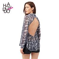 Fashionable snake print cross-cut Halter folds on the back tail long sleeve blouse - Bonny YZOZO Bou
