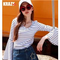2017 autumn sea lined olive cotton vintage trumpet sleeves v-neck stripe long sleeve top t-shirts -