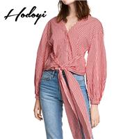 Vogue Slimming Curvy Bishop Sleeves V-neck Fall Tie 9/10 Sleeves Stripped Blouse - Bonny YZOZO Bouti