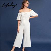 Vogue Sexy Bateau Off-the-Shoulder Crossed Straps Bubble Sleeves One Color Fall Tie Jumpsuit Wide Le