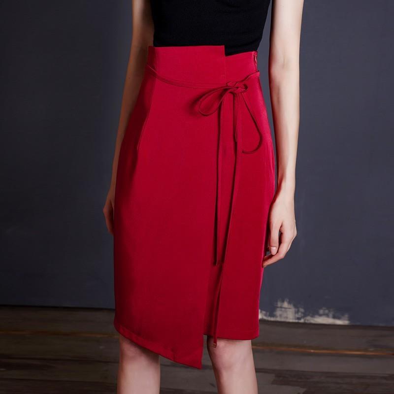 My Stuff, Elegant Simple Asymmetrical Attractive Slimming Sheath High Waisted Tie Midi Dress Skirt -