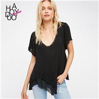 Vogue Simple Seen Through Split Front Short Sleeves One Color Summer T-shirt - Bonny YZOZO Boutique