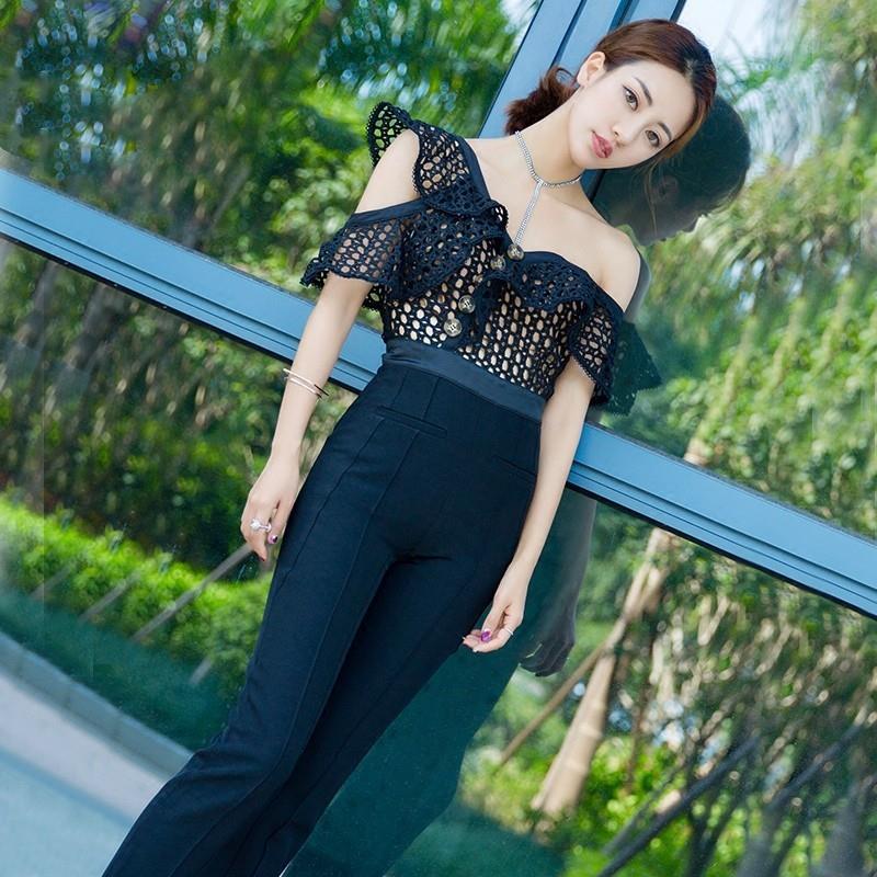 My Stuff, Sexy One-Shoulder High Waisted Frilled Lace Jumpsuit Long Trouser - Bonny YZOZO Boutique S