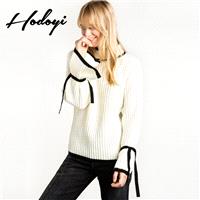 School Style Oversized Vogue Sweet Solid Color Flare Sleeves High Neck Fall Tie Sweater - Bonny YZOZ
