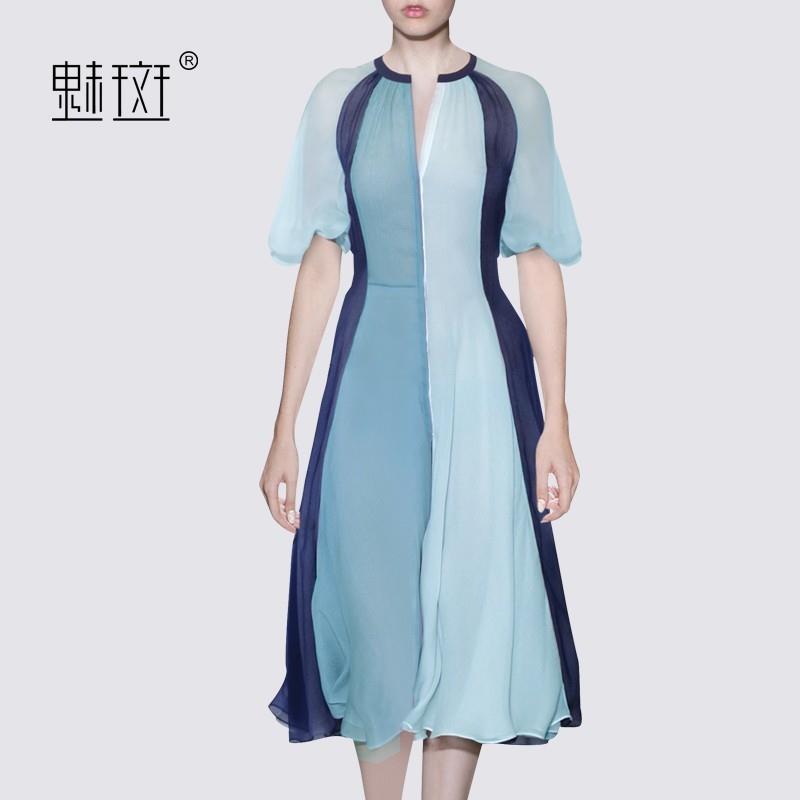 My Stuff, Vogue Attractive Contrast Color Plus Size A-line Bishop Sleeves Short Sleeves Silk Dress -