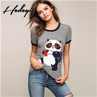 Must-have Student Style Slimming Scoop Neck Cat Bear Summer 9/10 Sleeves Stripped Essential T-shirt