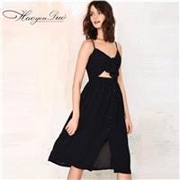 Ruffle Bow Hollow Out Buttons Black Midi Dress Strappy Top Dress - Bonny YZOZO Boutique Store