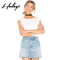 School Style Must-have Vogue Simple Scoop Neck One Color Summer Frilled Short Sleeves T-shirt - Bonn