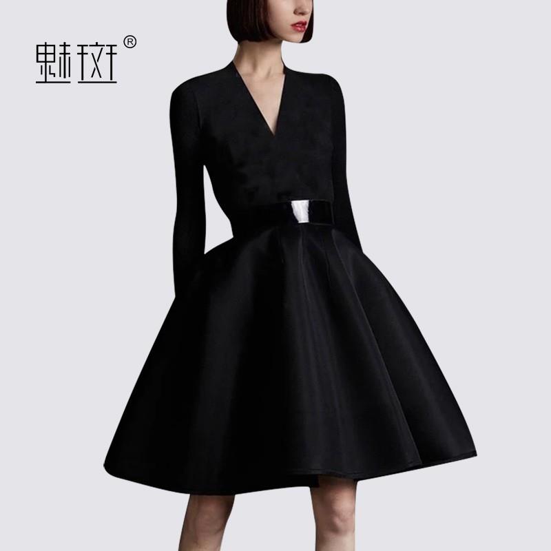 My Stuff, Attractive Slimming A-line V-neck High Waisted 9/10 Sleeves Black Mini Dress Dress - Bonny