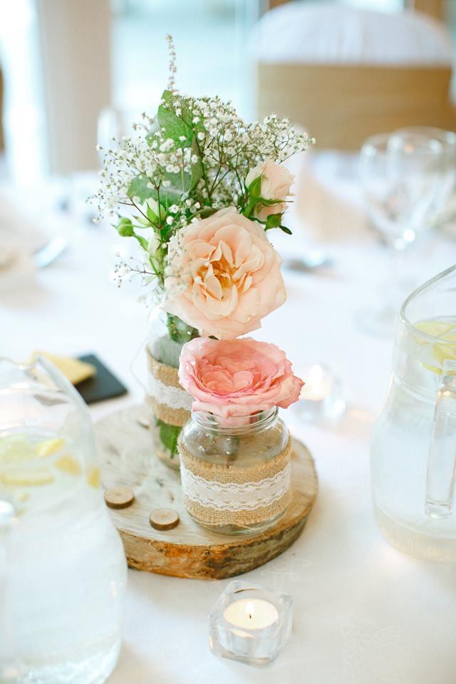 Centerpieces, 2 Small Mason jars with Roses on a wooden base